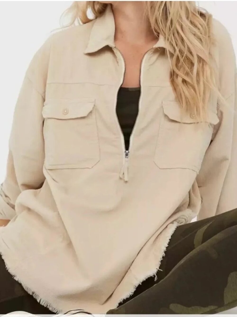 Aerie Offline Corduroy Oversized Quarter Zip Pullover Shacket Size S Tan Raw Hem